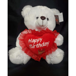 White teddy bear holding a red heart that says Happy Birthday