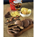 Assorted chocolate-covered snacks and peanut butter wings with a candy box