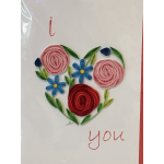 Quilled floral heart with pink, red, and blue flowers on white paper