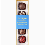Box of Bissinger's European truffles with assorted decorated chocolate pieces in a clear-front sleeve