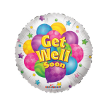 Round foil balloon with colorful balloons and "Get Well Soon" text