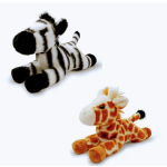 Two plush toy giraffes, one zebra-striped and one orange-spotted, on a white background.