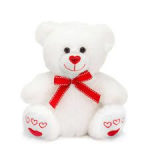 White teddy bear with a red bow and heart details
