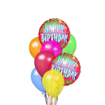 Cluster of colorful birthday balloons with two "Happy Birthday" balloons