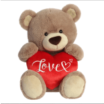 Plush teddy bear holding a red heart with the word Love