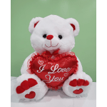 White teddy bear holding a red heart pillow with "I Love You" text