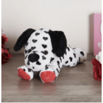 Dalmatian plush toy with black spots and red paws