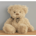 Plush teddy bear with a plaid ribbon around its neck