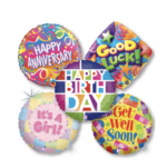 Five colorful foil balloons with birthday, anniversary, get well, and baby messages