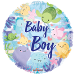 Round baby boy balloon with colorful sea animals and the words Baby Boy