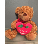 Brown teddy bear holding a pink heart with "Sweet Love" text