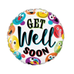 Round balloon with colorful cartoon faces and the words Get Well Soon