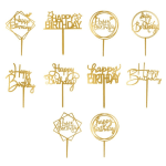 Gold happy birthday cake toppers in assorted script designs