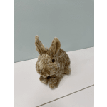 Small plush rabbit toy with mottled brown fur and upright ears