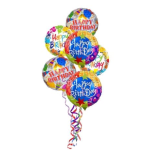 Cluster of colorful Happy Birthday balloons with curling ribbons