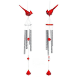 Pair of red hanging wind chimes with silver tubes and bead accents