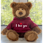 Brown teddy bear wearing a maroon hoodie with "I love you" text