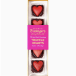 Rectangular box of five red heart-shaped chocolate truffles with pink branded sleeve