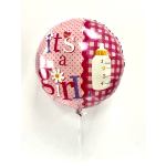 Pink balloon with "it's a girl" text and baby bottle graphic