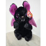 Black plush bat toy with purple wings and ears