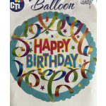 Round birthday balloon with colorful streamers and stars