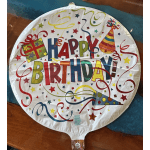 Round birthday balloon with colorful "Happy Birthday" text and party graphics