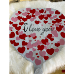 Heart-shaped balloon with red and pink hearts and "I love you" text