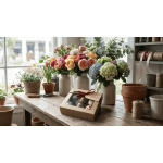 Bouquets of roses and hydrangeas in ceramic vases with a box of chocolates