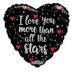 Black heart-shaped balloon with silver text and red hearts