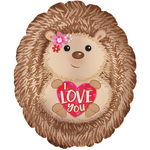 Cartoon hedgehog holding a pink heart that says I love you