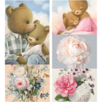 Collage of teddy bears and soft floral illustrations