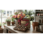 Box of chocolates on a table with colorful flower arrangements