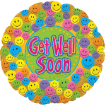 Colorful round sign with smiling faces and the words Get Well Soon