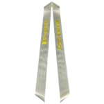 Silver satin sash with gold letters reading Custom Message