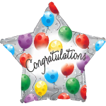 Star-shaped balloon with colorful balloons and the word Congratulations
