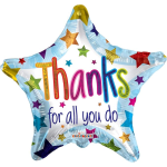 Star-shaped thank-you balloon with colorful text and stars