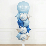 Blue and silver baby shower balloon bouquet with "It's a Boy" balloons