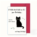Birthday card with a black cat illustration and a red envelope