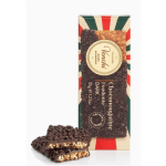 Box of dark chocolate-covered nougat bars with two pieces in front