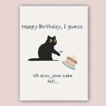 Birthday card with a black cat and a fallen cake illustration