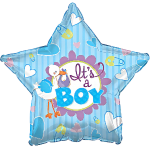 Blue star-shaped balloon with "It's a Boy" text and baby-themed graphics