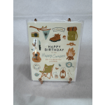 Birthday card with camping illustrations and the words Happy Birthday