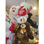 Teddy bear bouquet with red heart accents and a small red flower cluster