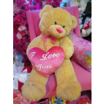 Teddy bear holding a pink heart pillow with "I Love You" text