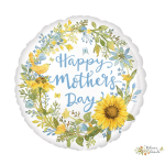 Round Mother's Day balloon with floral wreath and yellow bird illustration