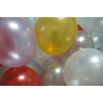 Cluster of pastel and metallic balloons in yellow, white, pink, and red tones