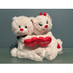 Two white teddy bears holding red heart pillows