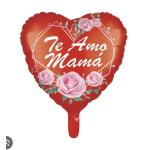 Heart-shaped red balloon with pink roses and the text "Te Amo Mamá"
