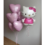 Pink heart balloons beside a Hello Kitty balloon figure