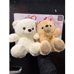 Two plush teddy bears, one white and one tan, held in front of a card